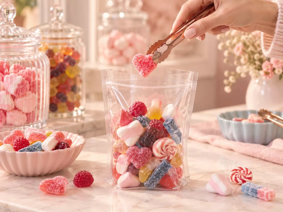 Une pince dépose un bonbon dans un sachet de pick & mix