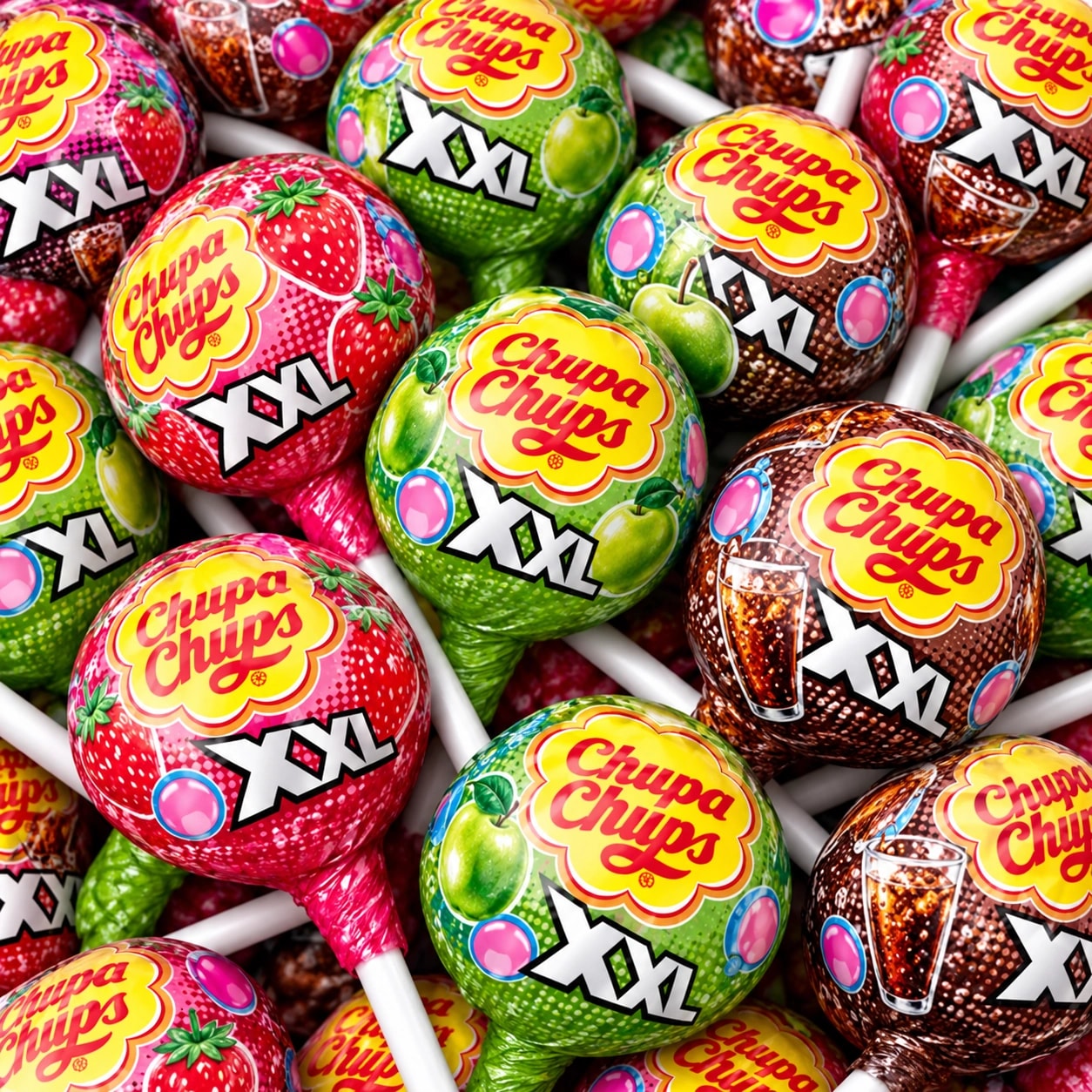 Sucettes Chupa Chups XXL fraise, pomme et cola