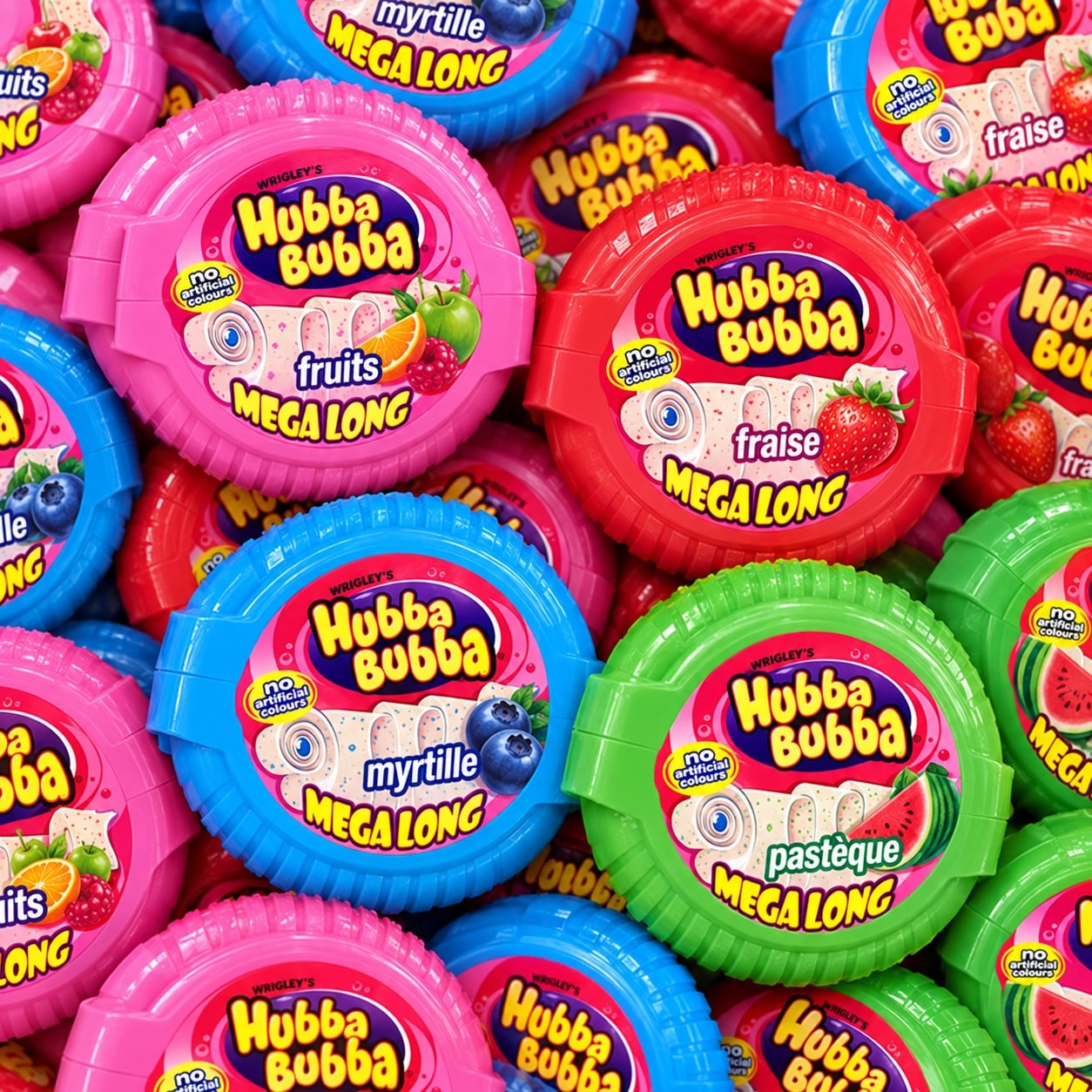 Grands rouleaux de chewing-gum à dérouler, en boîtes rondes