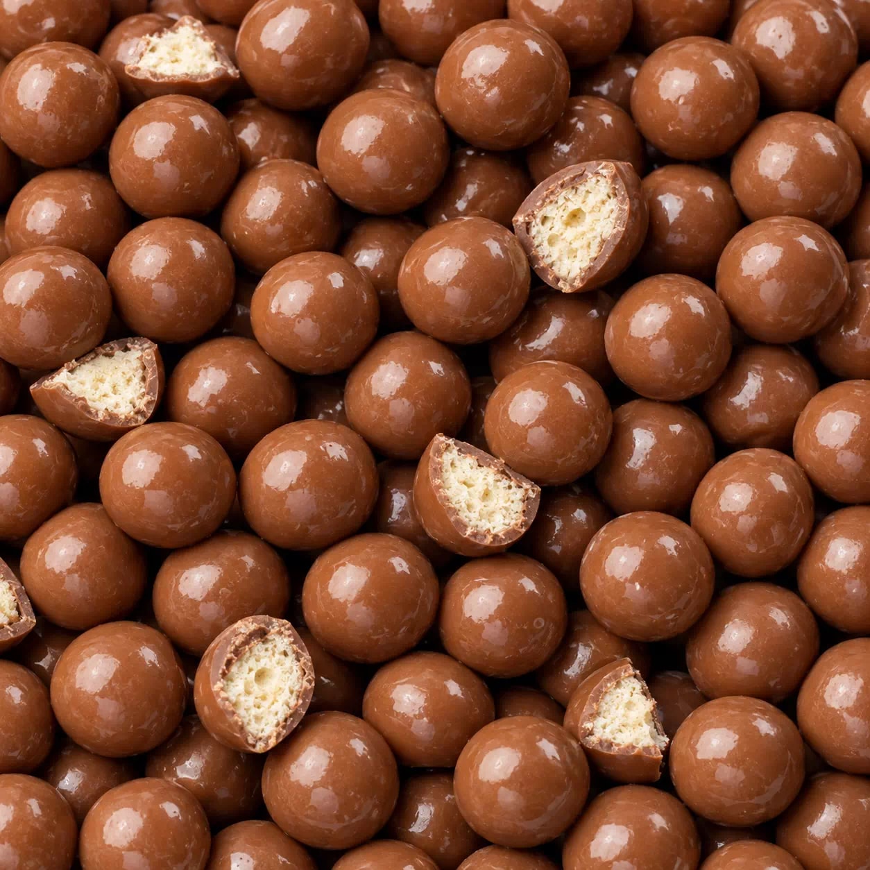 Billes de chocolat au lait, quelques-unes coupées sur leur cœur malté