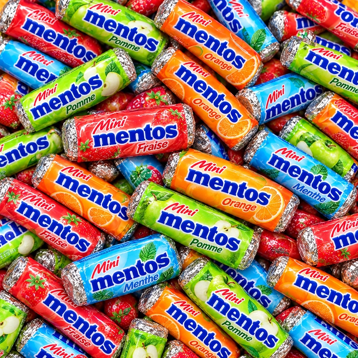 Rouleaux de Mini Mentos multicolores, à profusion