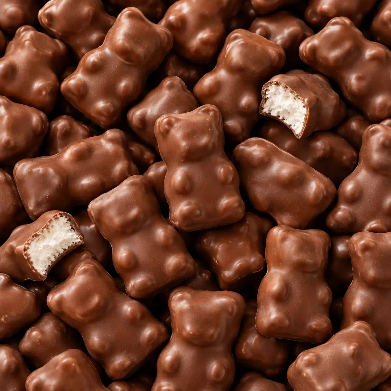 Oursons de guimauve enrobés de chocolat au lait, en abondance