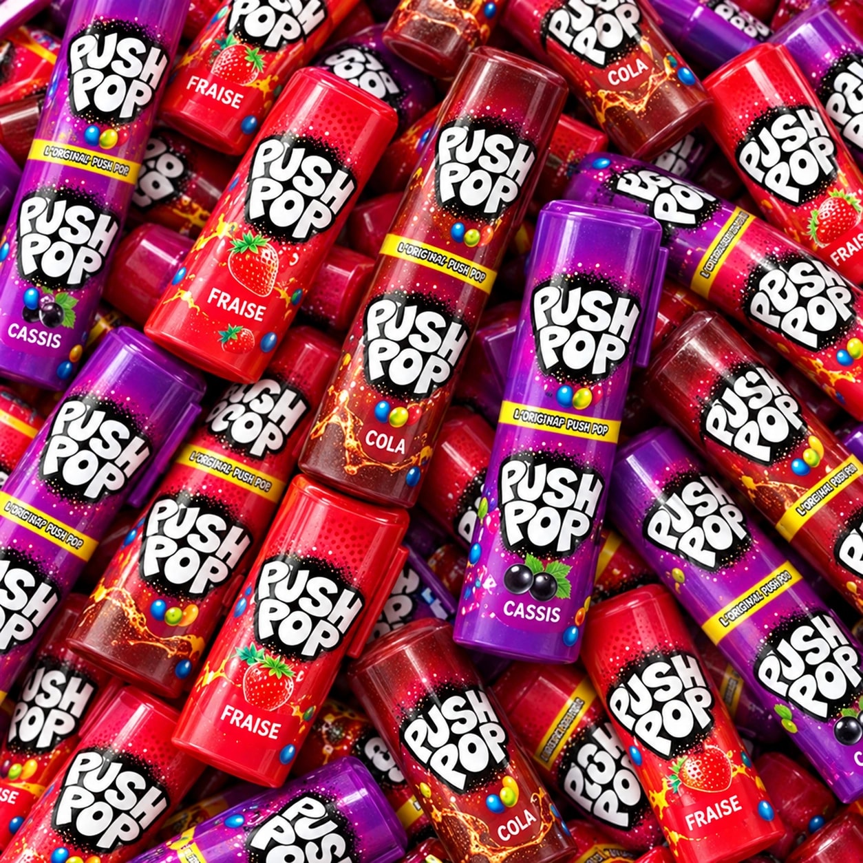 Sucettes Push Pop dans leurs étuis rouges et violets
