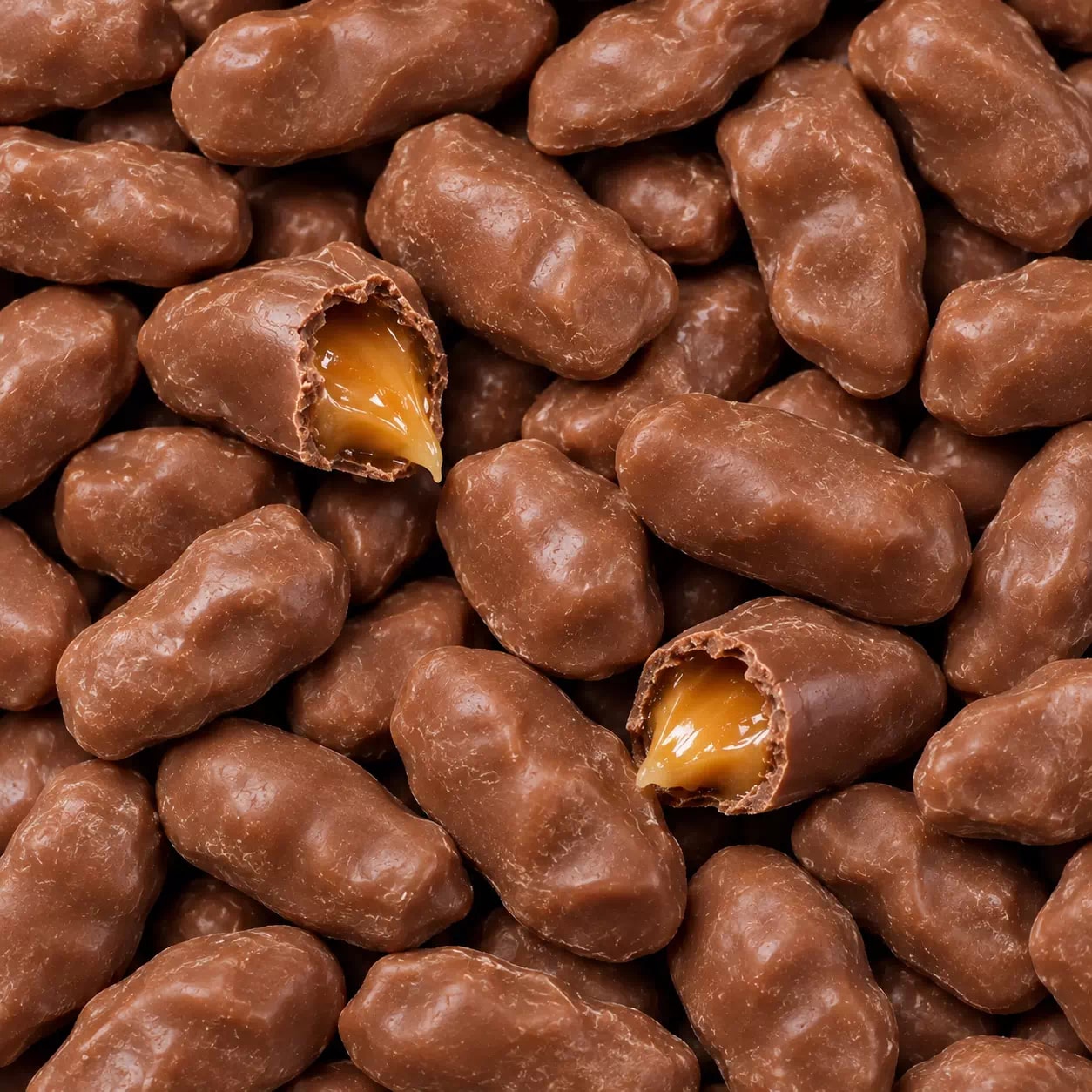 Bouchées enrobées de chocolat au lait, deux entamées sur leur cœur de caramel coulant
